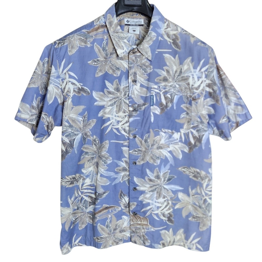 Columbia Mens Button Up Shirt Large Blue Floral Short Sleeve Cotton